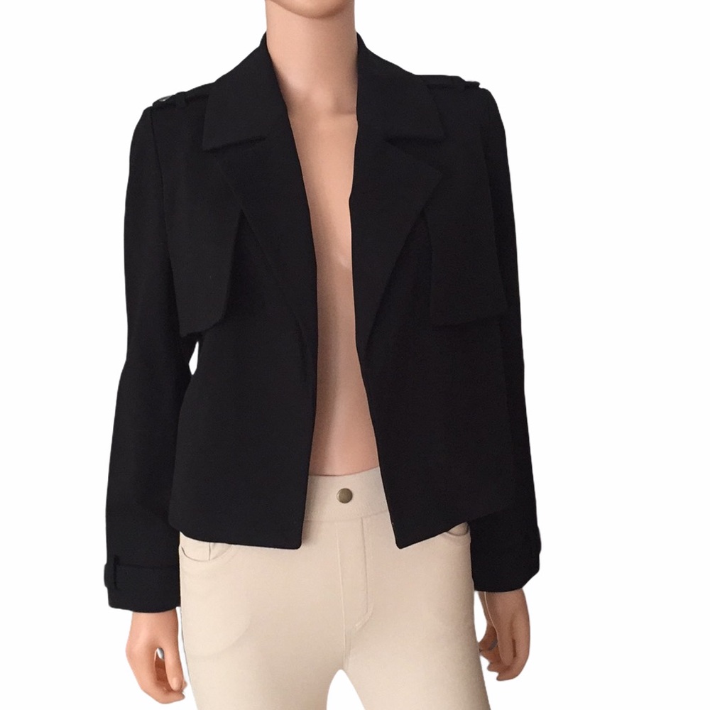 Chico’s black trench style open cropped jacket